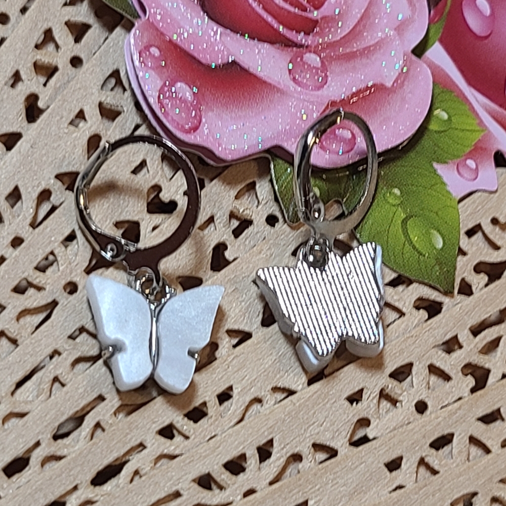 Butterfly Hoop Earrings in Silver and White